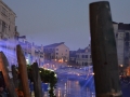 Blue lights and mooring poles on Cannaregio Canal in Venice, Italy