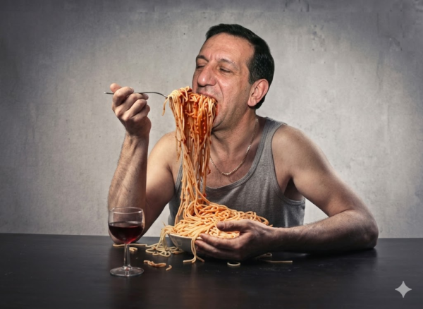 Spaghetti eater, by Leo Racicot.